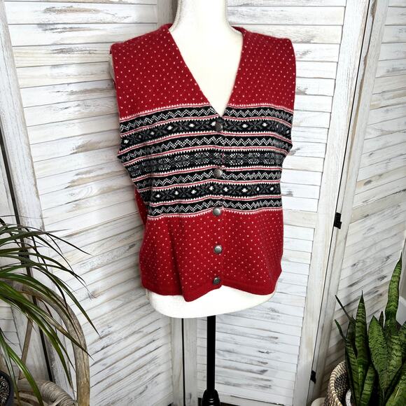 EDDIE BAUER VINTAGE Women's Nordic Fair Isle Sweater Vest Lambswool Red Gray Med - Picture 3 of 14